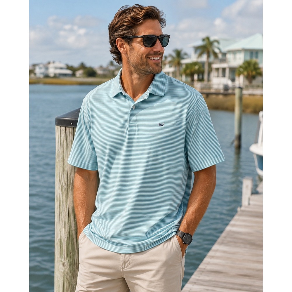 Vineyard Vines Performance Polo Shirt Men XXL Aqua White Stripe Whale Golf